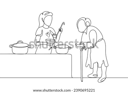 A volunteer feeds elderly people in need for free. Help poor people. One line drawing for different uses. Vector illustration.