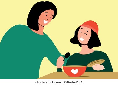 Volunteer feeds refugees as volunteering, donating, or helping those in need, flat vector stock illustration from MyRealHoliday