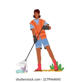 Volunteer Female Character Cleaning Garbage on Beach Isolated on White Background. Woman Volunteering, Collecting Trash to Sack, Social Charity, Ecology Protection Concept. Cartoon Vector Illustration