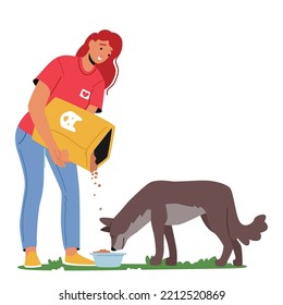 Freiwillige weibliche Tiere füttern Hund gießen die Ernährung von der Verpackung auf Bowl Young Friendly Woman geben Nahrung für obdachlose Welpen in Tierhaltung oder Pfund. Vektorgrafik von Cartoon People