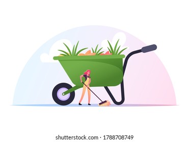 Volunteer Female Character in Working Overall Cleaning Garbage in House Yard or Park Racking, Collecting Trash, Planting Plants. Volunteering, Charity, Ecology Protection. Cartoon Vector Illustration