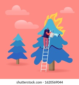 Volunteer Fire Fighter Extreme Profession. Fireman Pouring Bucket with Water for Watering Burning Fir-Tree in Forest. Firefighter Fighting with Blaze Stand on Ladder. Cartoon Flat Vector Illustration