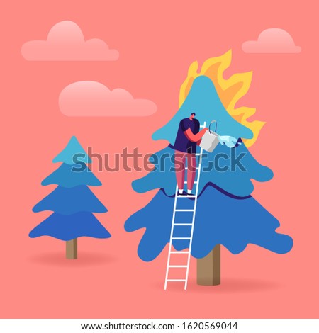 Volunteer Fire Fighter Extreme Profession. Fireman Pouring Bucket with Water for Watering Burning Fir-Tree in Forest. Firefighter Fighting with Blaze Stand on Ladder. Cartoon Flat Vector Illustration