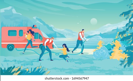 Volunteer Firefighter Brigade with Fire Truck Vector Illustration. People Rescue. Cartoon Man Help Woman. Fireman in Uniform with Hose Extinguish Burning Tree Bush. Wildfire Danger