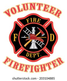 Volunteer Firefighter With Maltese Cross Is An Illustration Of Volunteer Firefighter Or Fire Department Maltese Cross Symbol With Firefighter Tools Symbol.