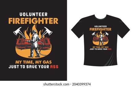 volunteer Firefighter Tshirt Template. Tshirt print with firefighters helmet, ax, ladder and typography, vector apparel mockup. Fire department rescue team, emergency service black t shirt 
