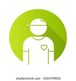 Volunteer flat design long shadow glyph icon. Charity organization member. Social projects follower. Humanitarian program assistant. Community service helper. Vector silhouette illustration