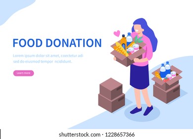 Volunteer with food donation. Can use for web banner, infographics, hero images. Flat isometric vector illustration isolated on white background.