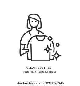 Volunteer girl holding a clean sweater in her hands. Clothing donation, donate clothes flat outline icon. Charity campaign sign. Editable stroke. Vector illustration