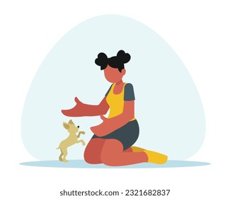 Volunteer girl playing with small dog. Young people spending time with dog. Charity for domestic animals. Volunteer playing with pet. Social active youth. Vector