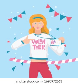 Volunteer girl is proud of her social work. The top page of a website from. Vector design for header or cover page template.