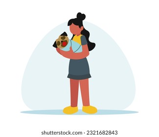Volunteer girl with small dog. Young people spending time with dog. Charity for domestic animals. Volunteer playing with pet. Social active youth. Vector