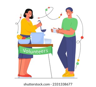 Volunteer give food to man concept. Woman stands with saucepan and ladle pouring soup for young guy. Generosity and kindness, charity. Help and suport, care. Cartoon flat vector illustration
