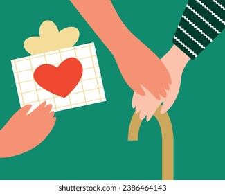 A volunteer gives gifts to an old or disabled person as volunteering, donating, or helping, flat vector stock illustration from MyRealHoliday
