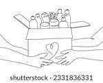 A volunteer gives a humanitarian kit to a person. World Humanitarian Day. One line drawing for different uses. Vector illustration.
