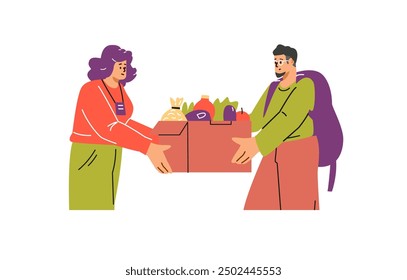 Volunteer gives a man the necessary food. Cardboard box with food. Fruits, vegetables, pasta, butter. Help for refugees, low-income people, families. Humanitarian products. Vector illustration.