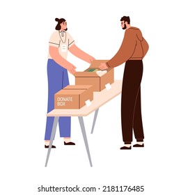 Volunteer giving donation box with used clothes, food. Woman helping, donating cardboard to poor needy homeless people. Charity, support concept. Flat vector illustration isolated on white background