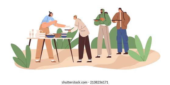 Volunteer Giving Food, Helping Poor Hungry People, Homeless Men And Refugees. Person Sharing, Serving Meal As Donation For Needy Outdoors. Flat Vector Illustration Isolated On White Background