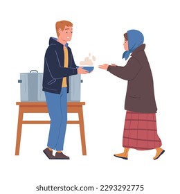Volunteer giving food to homeless people. Humanitarian aid help organisation helping refugees and migrants vector illustration svg