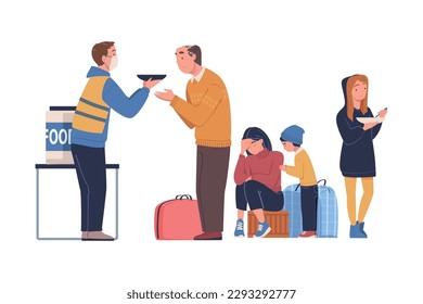 Volunteer giving food to refugees in distribution point. Humanitarian aid help organisation helping supporting refugees and migrants vector illustration