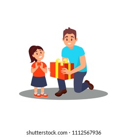 Volunteer giving gift to little girl. Social worker. Father congratulates daughter on her Birthday. Flat vector design