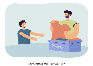 Volunteer giving new clothes to needy boy. Flat vector illustration. Poor child in dirty, old clothes, man, box of new things that people donating. Poverty, volunteering, kindness, donation concept