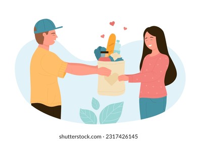 Volunteer giving paper bag with food to woman. Charity support, donation, help concept vector illustration
