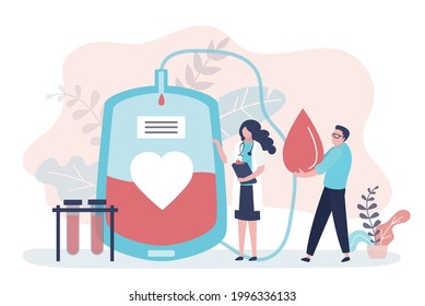 Volunteer Goes To Donate Plasma To Nurse. Concept Of Blood Bank, Charity And Hematology. Plastic Container With Donor Blood. Man Carries Blob. Doctor Works In Donation Center. Flat Vector Illustration