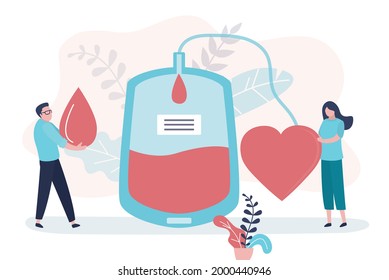 Volunteer Goes To Donate Plasma To Nurse. Concept Of Blood Bank, Charity And Hematology. Plastic Container With Donor Blood. Man Carries Blob. Doctor Works In Donation Center. Flat Vector Illustration