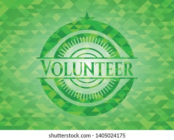 Volunteer green emblem with mosaic background. Vector Illustration. Detailed.
