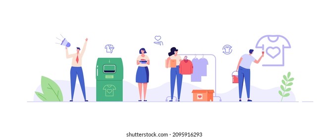 Volunteer group collecting donations. Charity organization donating clothes for poor people. Concept of clothing donations, volunteer help, donate clothes. Charity campaign vector flat illustration