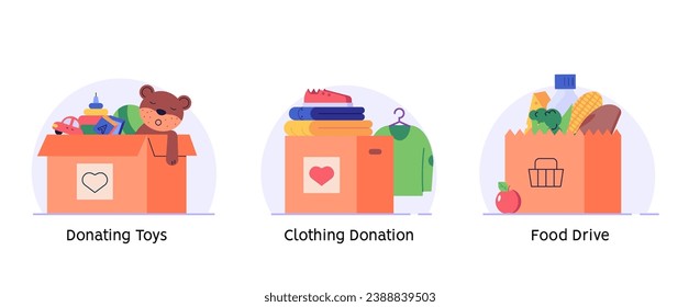 Grupo de voluntarios reuniendo donaciones. Organizaciones de caridad donando ropa, comida y juguetes para los pobres. Concepto de donaciones de ropa, ayuda voluntaria, donación de comida, juguetes. Ilustración plana del vector