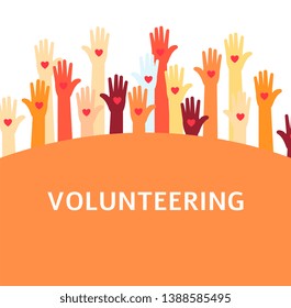 Volunteer Group With Raised Hands, People With Hearts On Palms Working For Charity Together As Diverse Friendly Community To Help Support Through Teamwork, Vector Illustration On White Background