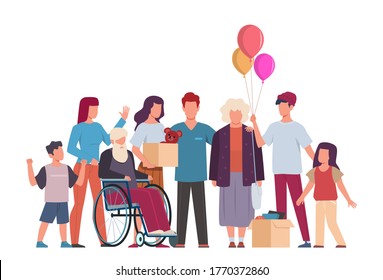 Volunteer group. Volunteering and supporting people, community helping and taking care about handicapped, support old and sick, give food and clothes vector charity concept