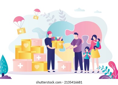 Volunteer handing out boxes of essentials to refugee. Humanitarian aid to family in difficult life situation. Boxes with goods for emigrants. Volunteering and supporting migrants. Vector illustration