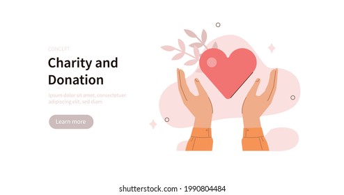 Volunteer hands holding big heart to supporting and giving help. Humanitarian assistance, charity and donation concept. Flat cartoon vector illustration.