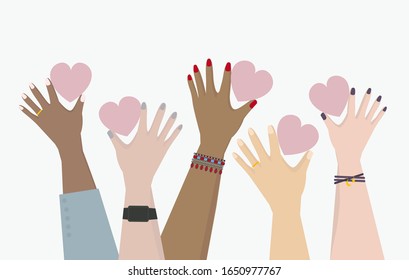 Volunteer hands holding hearts vector. Charity and donation concept illustration.