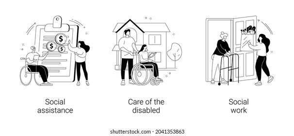 Volunteer help abstract concept vector illustration set. Social assistance, care of the disabled, social work, home nursing, caregiver support, disability care, low income, charity abstract metaphor.