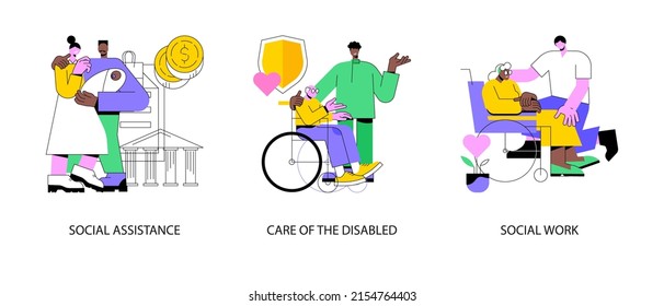 Volunteer help abstract concept vector illustration set. Social assistance, care of the disabled, social work, home nursing, caregiver support, disability care, low income, charity abstract metaphor.