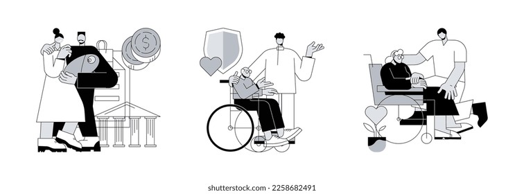 Volunteer help abstract concept vector illustration set. Social assistance, care of the disabled, social work, home nursing, caregiver support, disability care, low income, charity abstract metaphor.