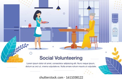 Volunteer Help to Aged, Lonely Pensioner, Social Volunteering Trendy Flat Vector Banner, Poster Template. Female Volunteer, Young Lady Cooking Food for Senior Woman on Home Kitchen Illustration