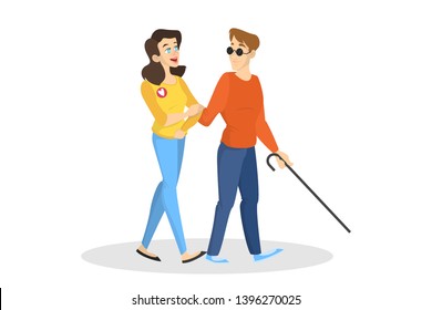 Volunteer help blind person. Woman walking with a guy holding stick. People with disability. Isolated vector illustration in cartoon style