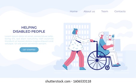 Volunteer help disabled. Woman in a wheelchair. Vector illustration. Landing page.