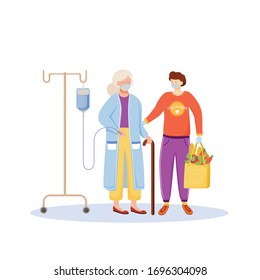 Volunteer help flat color vector faceless character. Old woman with drip. Man deliver food. Quarantine aid for elderly people isolated cartoon illustration for web graphic design and animation