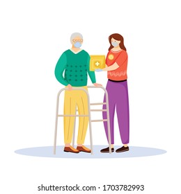 Volunteer help flat color vector faceless character. Woman deliver medical supplies. Elder man. Quarantine help for senior people isolated cartoon illustration for web graphic design and animation