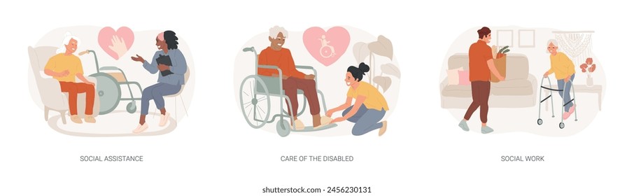 Volunteer help isolated concept vector illustration set. Social assistance, care of the disabled, social work, home nursing, caregiver support, disability care, low income, charity vector concept.