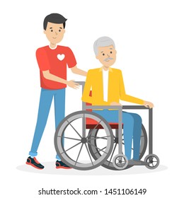 Volunteer help old disabled person in wheelchair. Idea of help, assistance and support. Charity and compassion. Isolated vector illustration in cartoon style