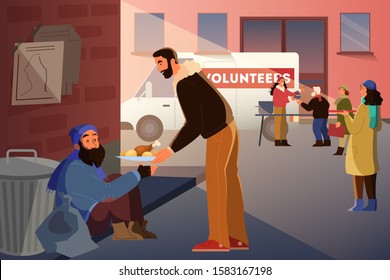 Volunteer help people idea. Charity community support homeless people, donate clothes, give a food. Idea of care and humanity. Vector illustration in cartoon style
