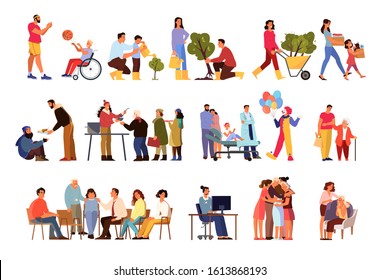 Volunteer help people set. Collection of charity community support old and sick people, donate clothes, give a food, plant a tree. Idea of care and humanity. Isolated vector illustration svg