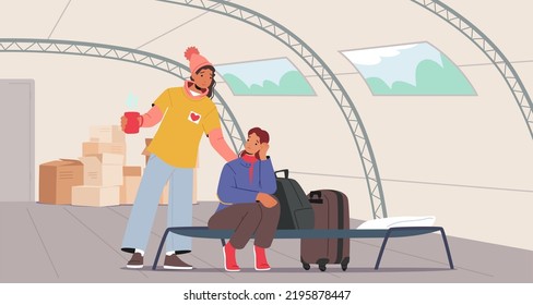 Volunteer Help Refugee Girl in Shelter, Female Character Survive during War Conflict, Woman Sit on Cot under Assistance and Support of Helper in Temporary Residence. Cartoon People Vector Illustration